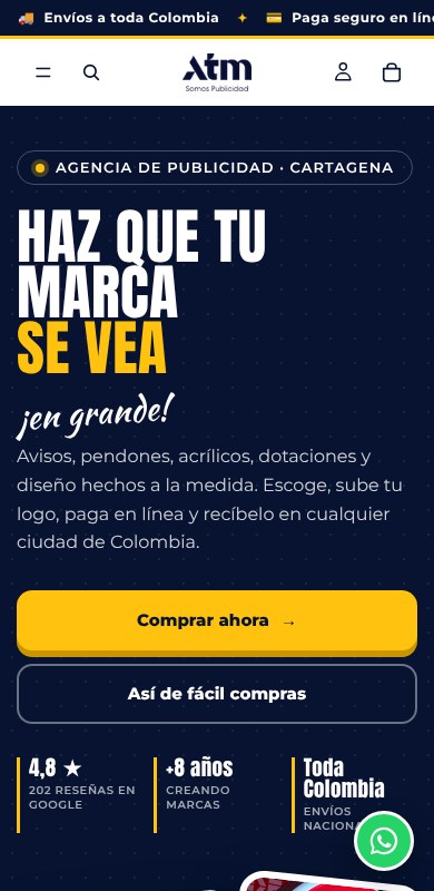 Inicio de la tienda ATM en el celular: fondo azul oscuro con el titular Haz que tu marca se vea y botón amarillo Comprar ahora