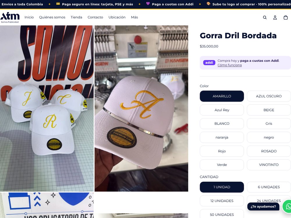 Página de producto de la tienda ATM: gorra bordada con selector de color y cantidad y aviso para pagar a cuotas con Addi