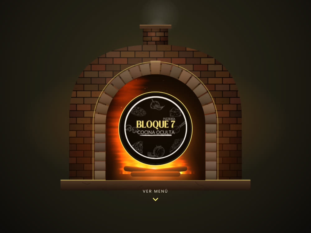 Inicio de la web de Bloque 7: un horno de ladrillo encendido con el logo de la pizzería en el centro