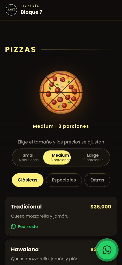 Menú de pizzas en el celular con selector de tamaño y botón para pedir por WhatsApp